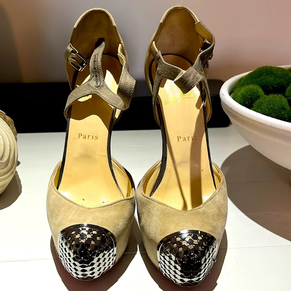 Christian Louboutin beige suede platform pumps